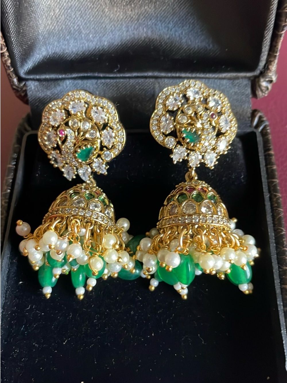 Gold-Tone Green Pearl Jhumka Earrings - Elegant Women’s Jewelry